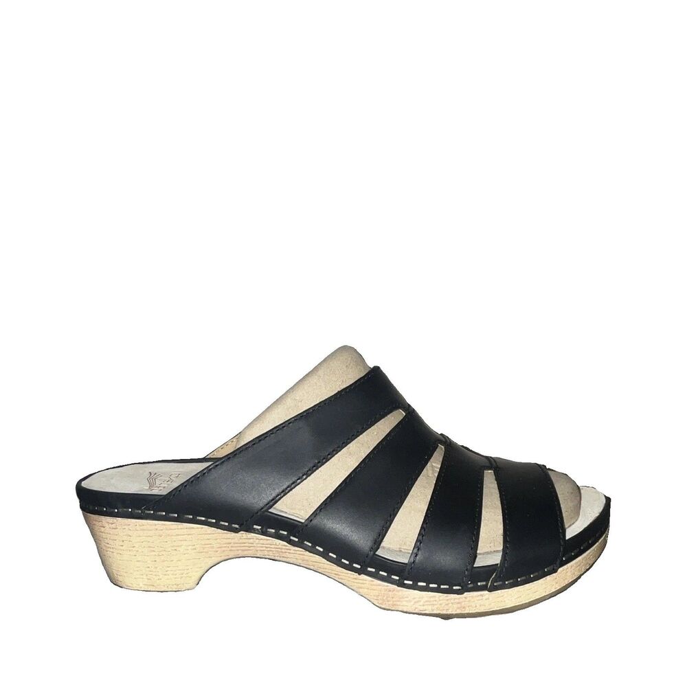 Dansko Women’s Black Leather Comfort Slide Sandals Wedge Slip-On EU 42